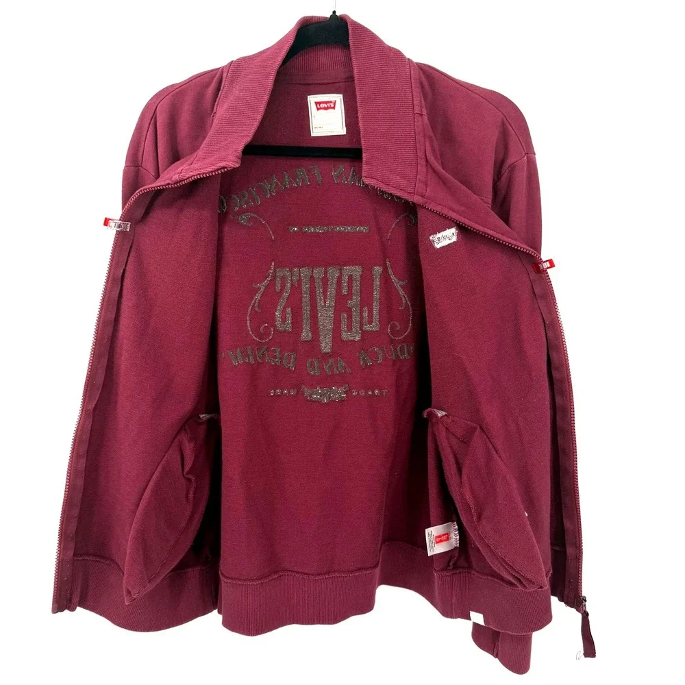 Vintage Levi's Mens L Full Zip Burgundy Maroon Embroidered‎ Logo Full Zip Jacket